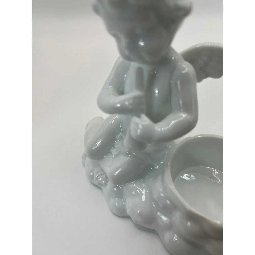 2 White Glazed Porcelain‎ Cherub Putti Cupid Taper Candle Holder Victorian